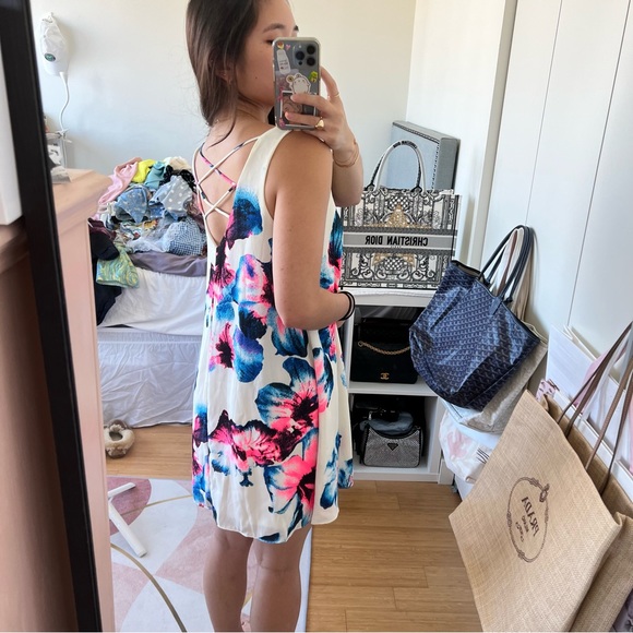 CLEAROUT SALE Blue and pink white floral cross back shift dress - Picture 4 of 5